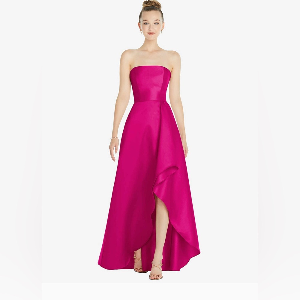 ALFRED SUNG Strapless High-Low Ball Gown in Fuchsia